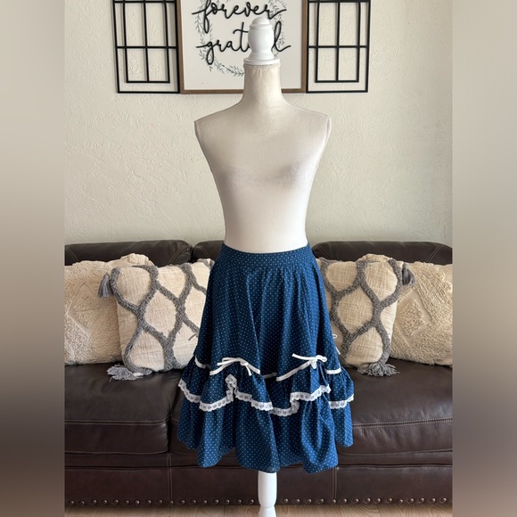 Vintage Partners Please Ruffled Square Dance Navy Blue Polka Dot Skirt Size S - Picture 7 of 14